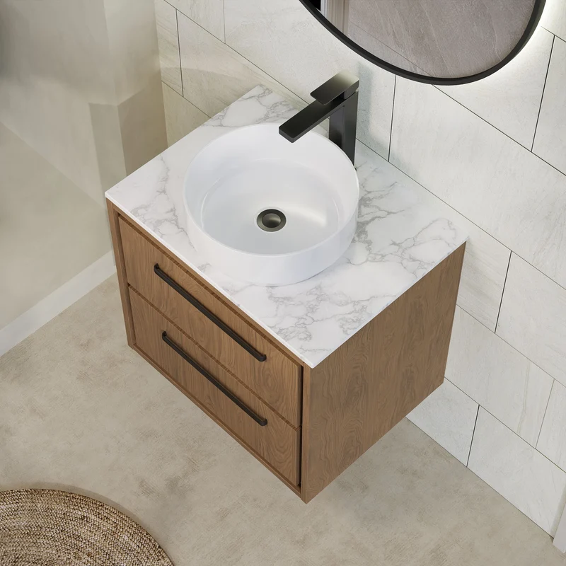 Lille 600mm Wall Hung 2 Drawer Vanity Unit & Carrera Marble Worktop - Antique Oak Woodgrain