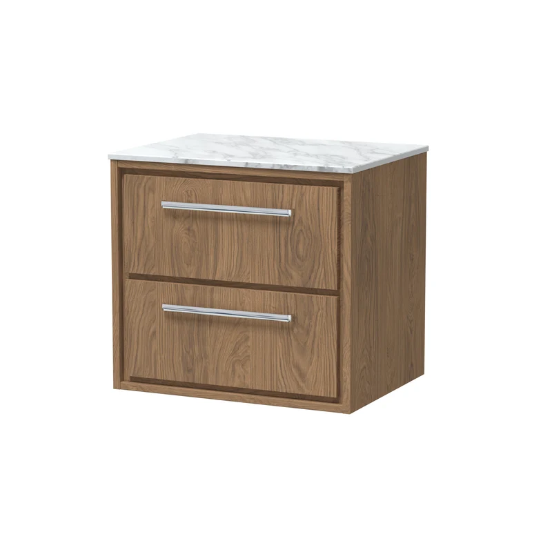 Lille 600mm Wall Hung 2 Drawer Vanity Unit & Carrera Marble Worktop - Antique Oak Woodgrain