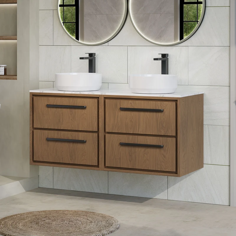 Lille 1200mm Wall Hung 4 Drawer Vanity Unit & Carrera Marble Worktop - Antique Oak Woodgrain