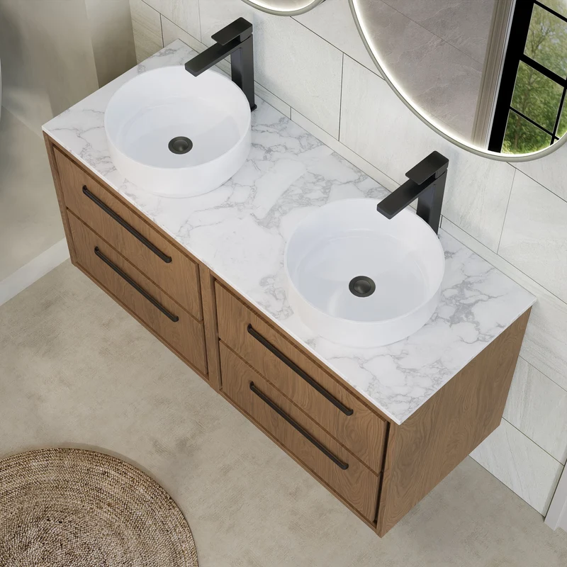 Lille 1200mm Wall Hung 4 Drawer Vanity Unit & Carrera Marble Worktop - Antique Oak Woodgrain