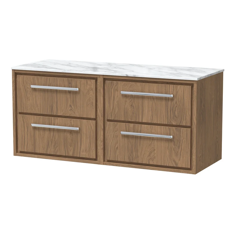 Lille 1200mm Wall Hung 4 Drawer Vanity Unit & Carrera Marble Worktop - Antique Oak Woodgrain