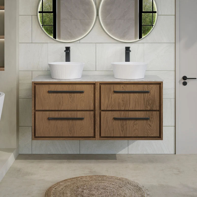 Lille 1200mm Wall Hung 4 Drawer Vanity Unit & Grey Marble Worktop - Antique Oak Woodgrain