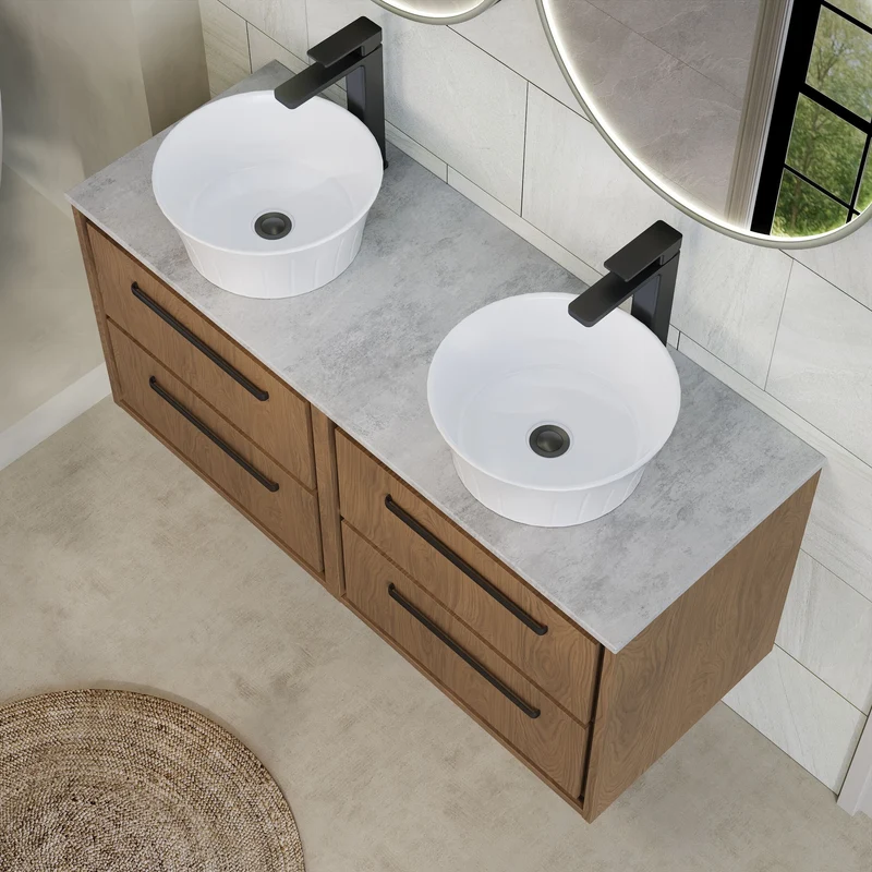 Lille 1200mm Wall Hung 4 Drawer Vanity Unit & Grey Marble Worktop - Antique Oak Woodgrain