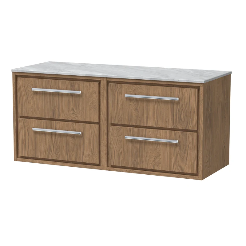 Lille 1200mm Wall Hung 4 Drawer Vanity Unit & Grey Marble Worktop - Antique Oak Woodgrain
