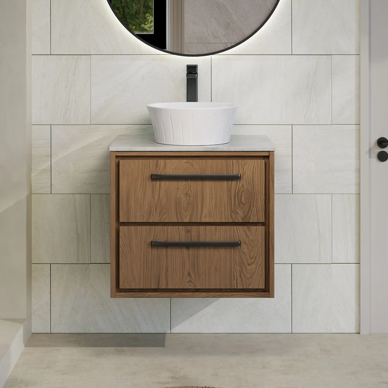 Lille 600mm Wall Hung 2 Drawer Vanity Unit & Grey Marble Worktop - Antique Oak Woodgrain