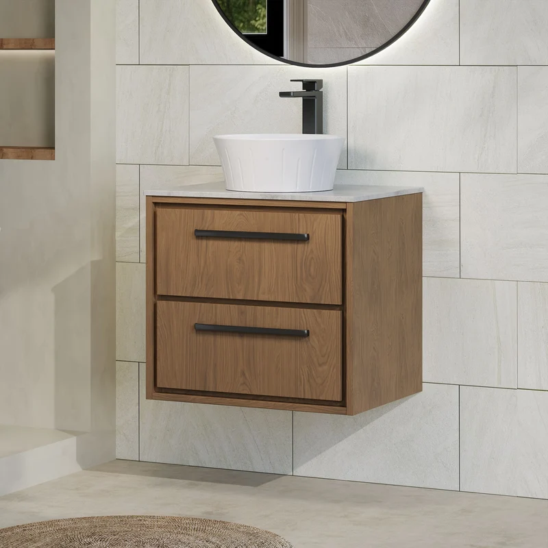 Lille 600mm Wall Hung 2 Drawer Vanity Unit & Grey Marble Worktop - Antique Oak Woodgrain