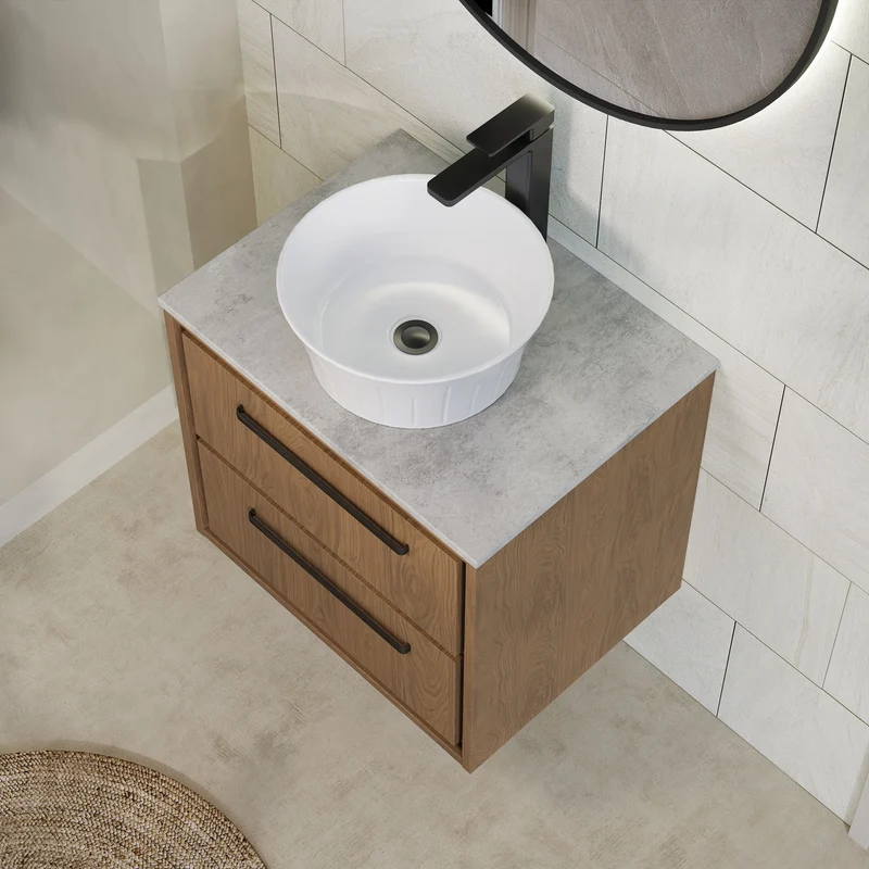 Lille 600mm Wall Hung 2 Drawer Vanity Unit & Grey Marble Worktop - Antique Oak Woodgrain