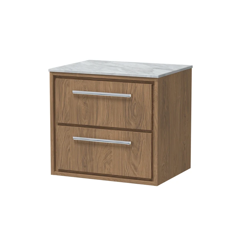 Lille 600mm Wall Hung 2 Drawer Vanity Unit & Grey Marble Worktop - Antique Oak Woodgrain