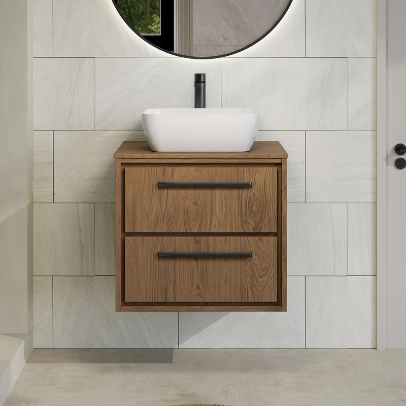 Lille 600mm Wall Hung 2 Drawer Vanity Unit & Worktop - Antique Oak Woodgrain