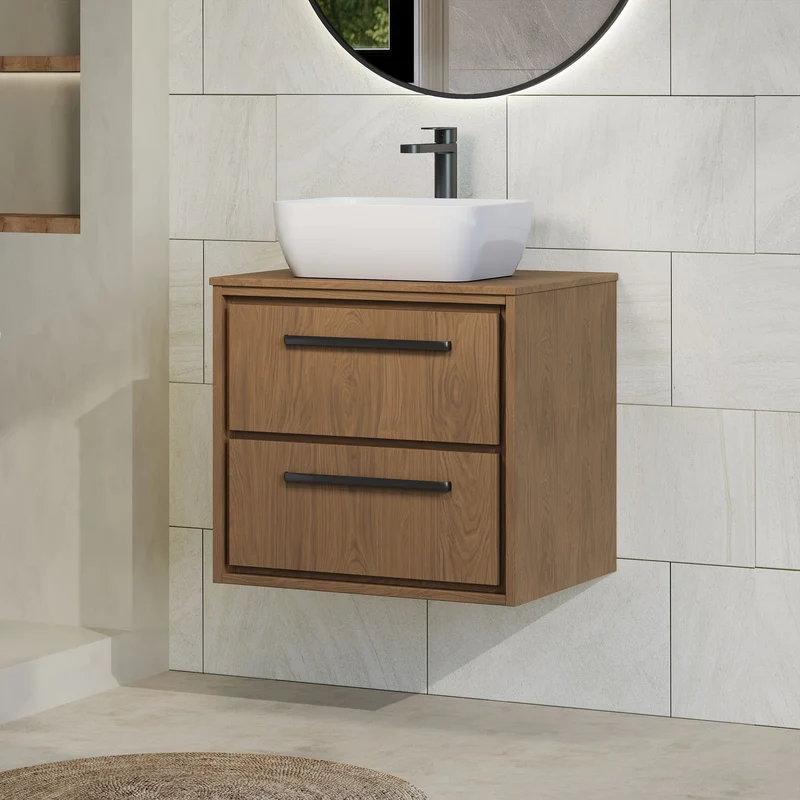 Lille 600mm Wall Hung 2 Drawer Vanity Unit & Worktop - Antique Oak Woodgrain