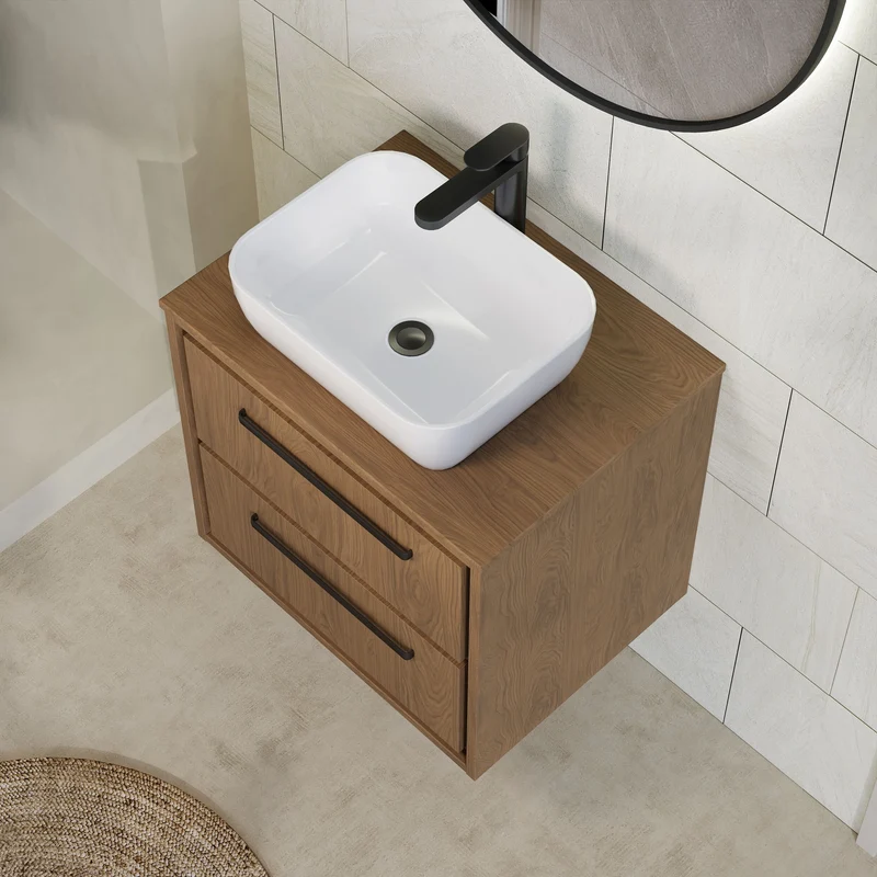 Lille 600mm Wall Hung 2 Drawer Vanity Unit & Worktop - Antique Oak Woodgrain