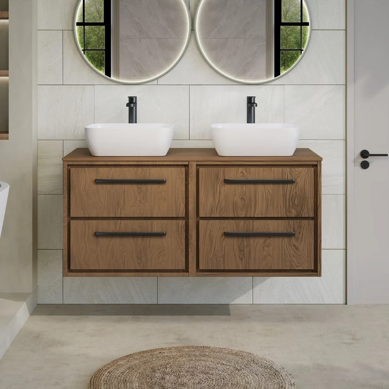 Lille 1200mm Wall Hung 4 Drawer Vanity Unit & Worktop - Antique Oak Woodgrain