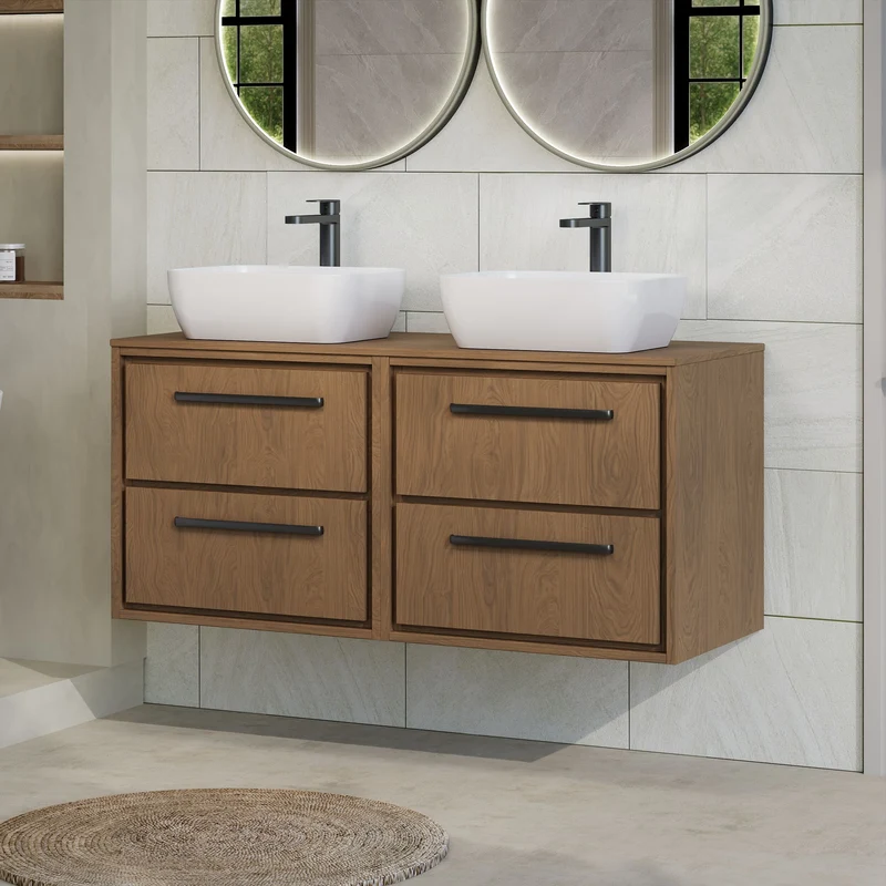 Lille 1200mm Wall Hung 4 Drawer Vanity Unit & Worktop - Antique Oak Woodgrain