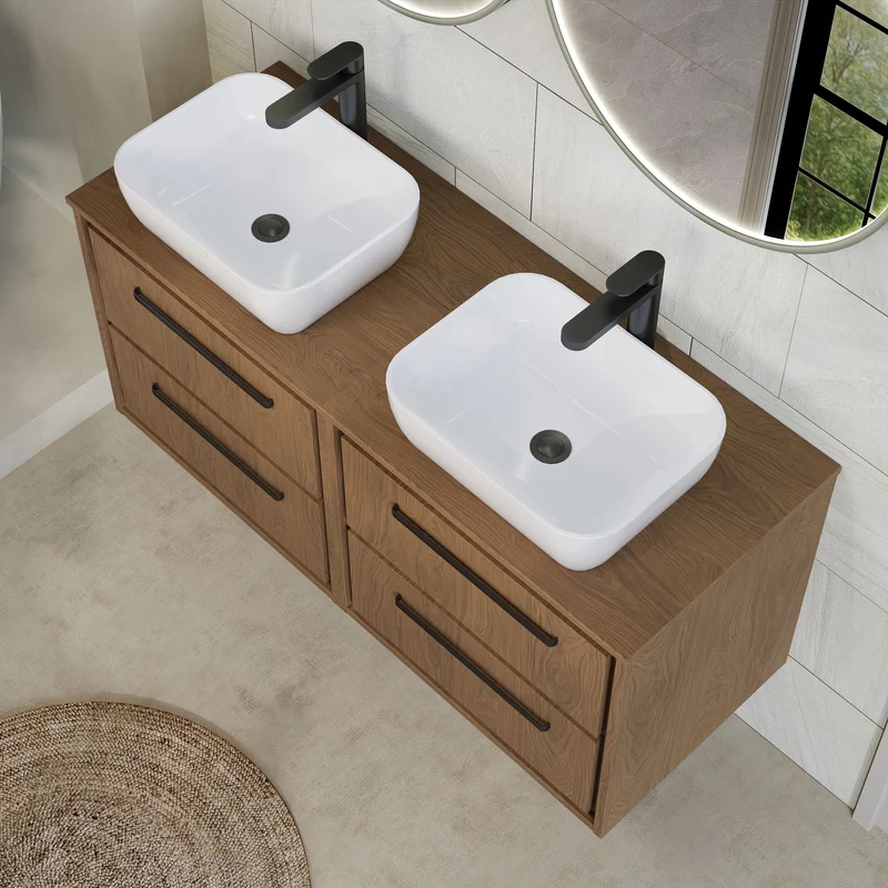 Lille 1200mm Wall Hung 4 Drawer Vanity Unit & Worktop - Antique Oak Woodgrain
