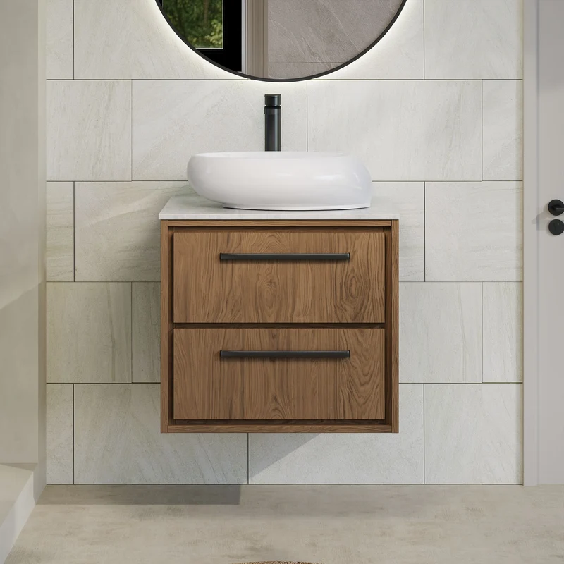 Lille 600mm Wall Hung 2 Drawer Vanity Unit & White Marble Worktop - Antique Oak Woodgrain