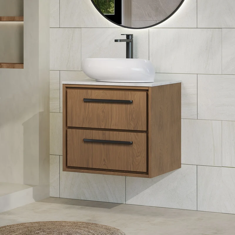 Lille 600mm Wall Hung 2 Drawer Vanity Unit & White Marble Worktop - Antique Oak Woodgrain
