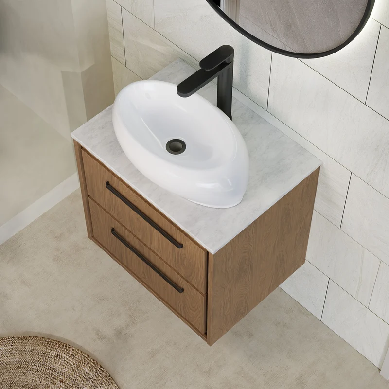 Lille 600mm Wall Hung 2 Drawer Vanity Unit & White Marble Worktop - Antique Oak Woodgrain