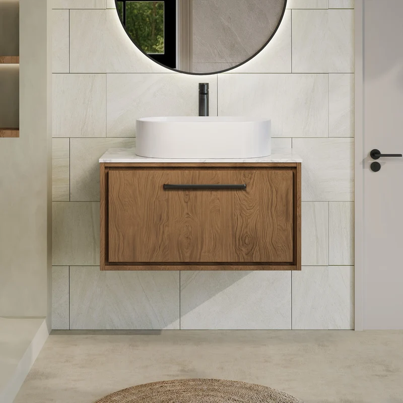 Lille 800mm Wall Hung 1 Drawer Vanity Unit & Carrera Marble Worktop - Antique Oak Woodgrain
