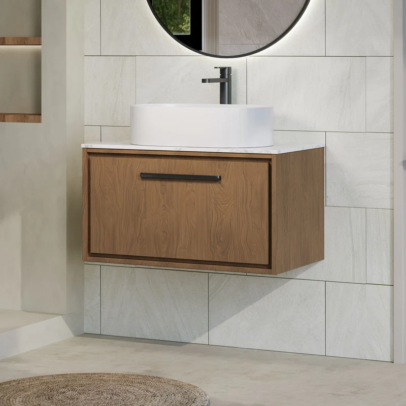 Lille 800mm Wall Hung 1 Drawer Vanity Unit & Carrera Marble Worktop - Antique Oak Woodgrain