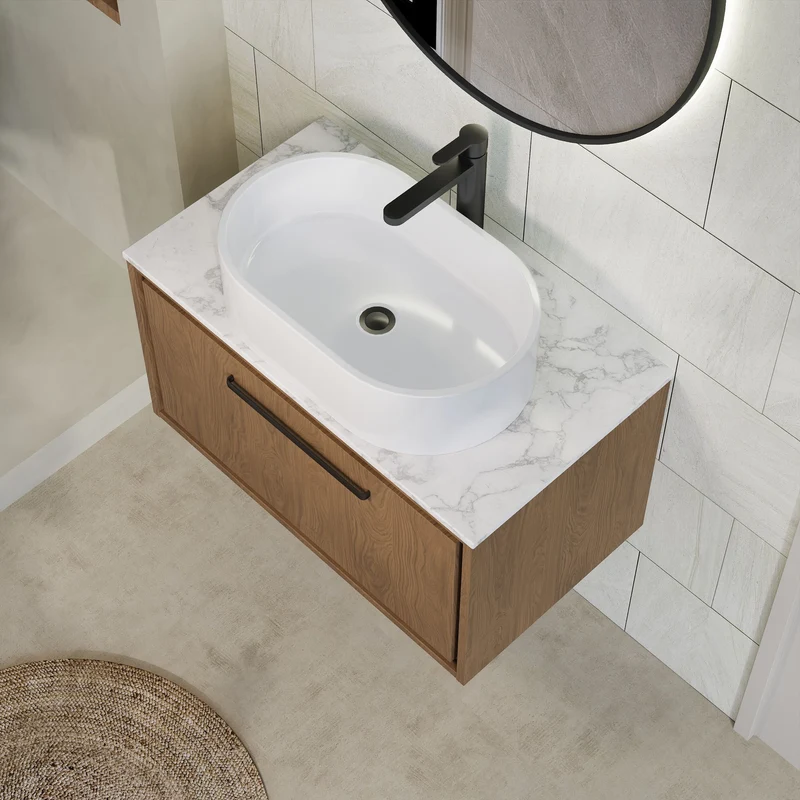 Lille 800mm Wall Hung 1 Drawer Vanity Unit & Carrera Marble Worktop - Antique Oak Woodgrain