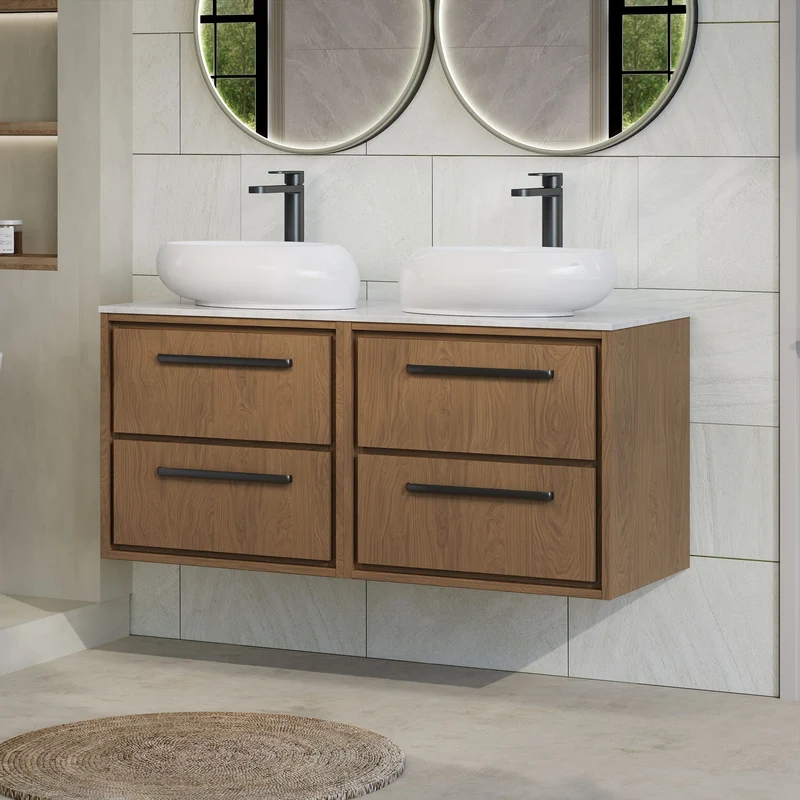 Lille 1200mm Wall Hung 4 Drawer Vanity Unit & White Marble Worktop - Antique Oak Woodgrain