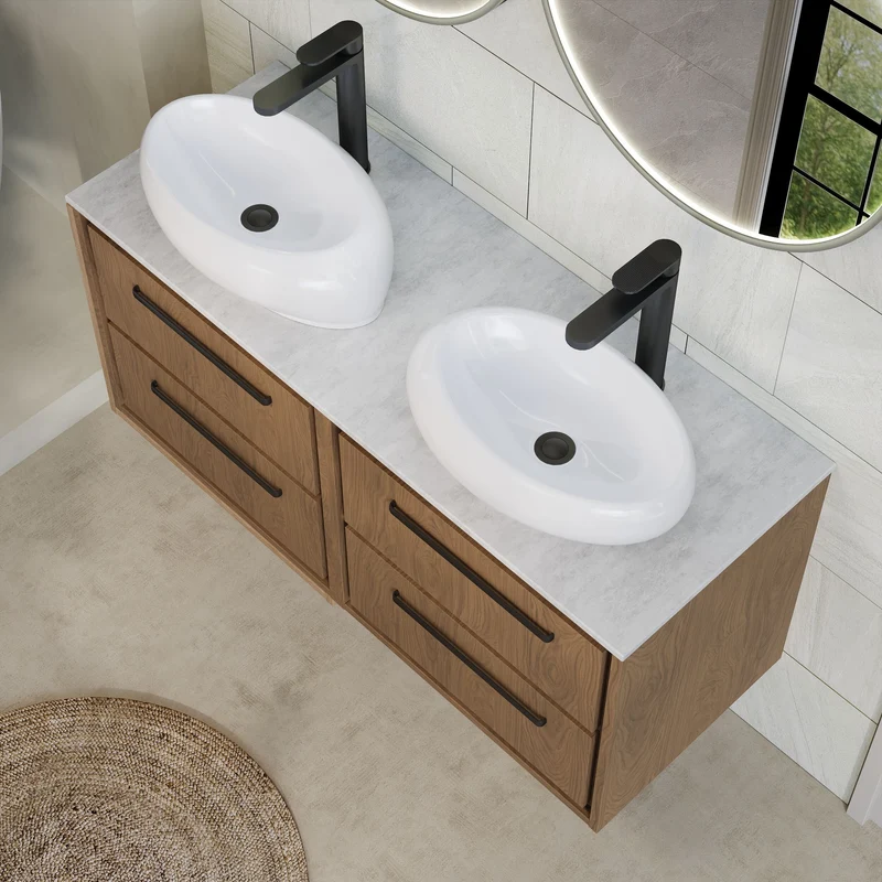 Lille 1200mm Wall Hung 4 Drawer Vanity Unit & White Marble Worktop - Antique Oak Woodgrain