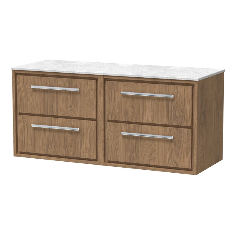 Lille 1200mm Wall Hung 4 Drawer Vanity Unit & White Marble Worktop - Antique Oak Woodgrain