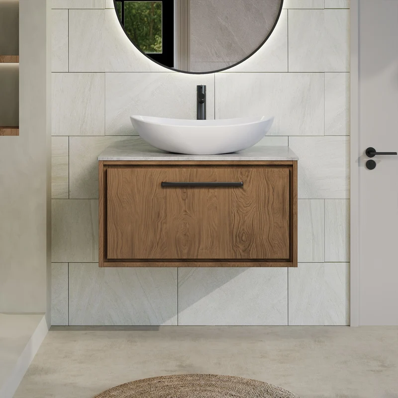 Lille 800mm Wall Hung 1 Drawer Vanity Unit & Grey Marble Worktop - Antique Oak Woodgrain