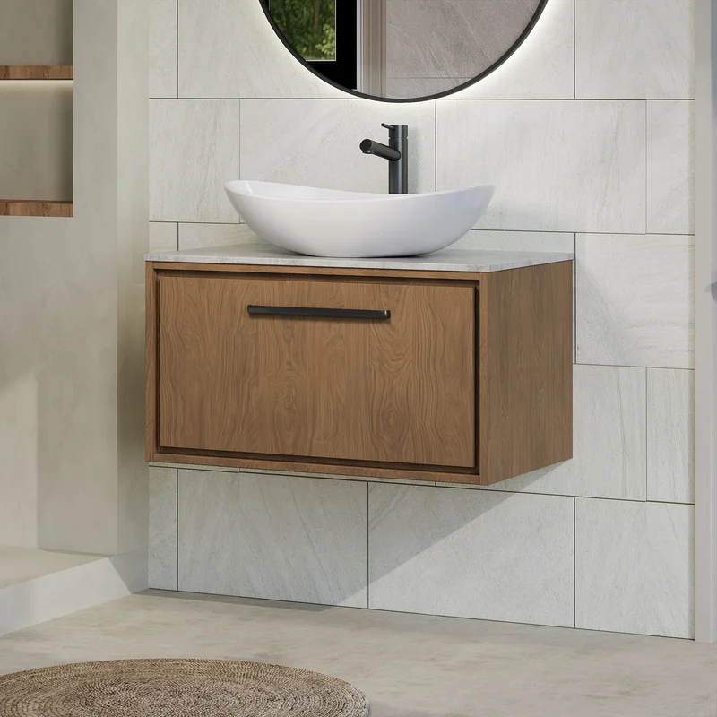Lille 800mm Wall Hung 1 Drawer Vanity Unit & Grey Marble Worktop - Antique Oak Woodgrain