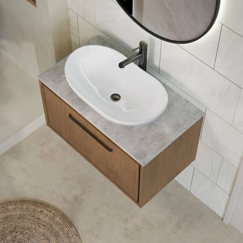 Lille 800mm Wall Hung 1 Drawer Vanity Unit & Grey Marble Worktop - Antique Oak Woodgrain