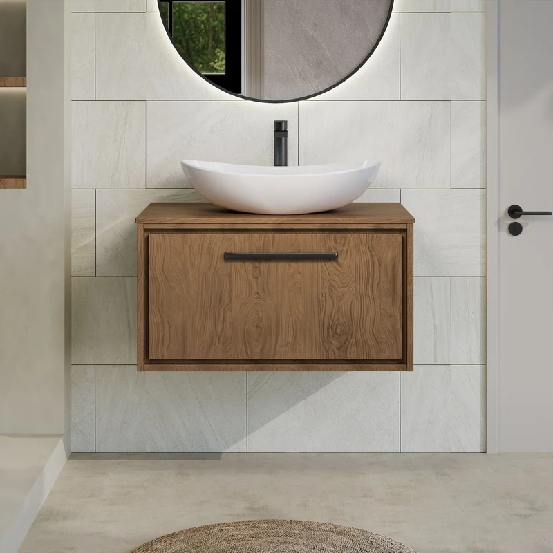 Lille 800mm Wall Hung 1 Drawer Vanity Unit & Worktop - Antique Oak Woodgrain