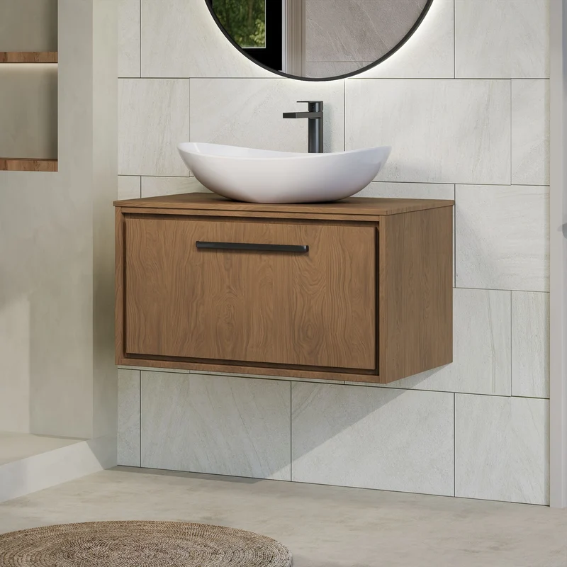 Lille 800mm Wall Hung 1 Drawer Vanity Unit & Worktop - Antique Oak Woodgrain