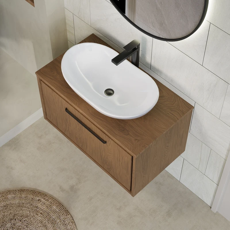 Lille 800mm Wall Hung 1 Drawer Vanity Unit & Worktop - Antique Oak Woodgrain