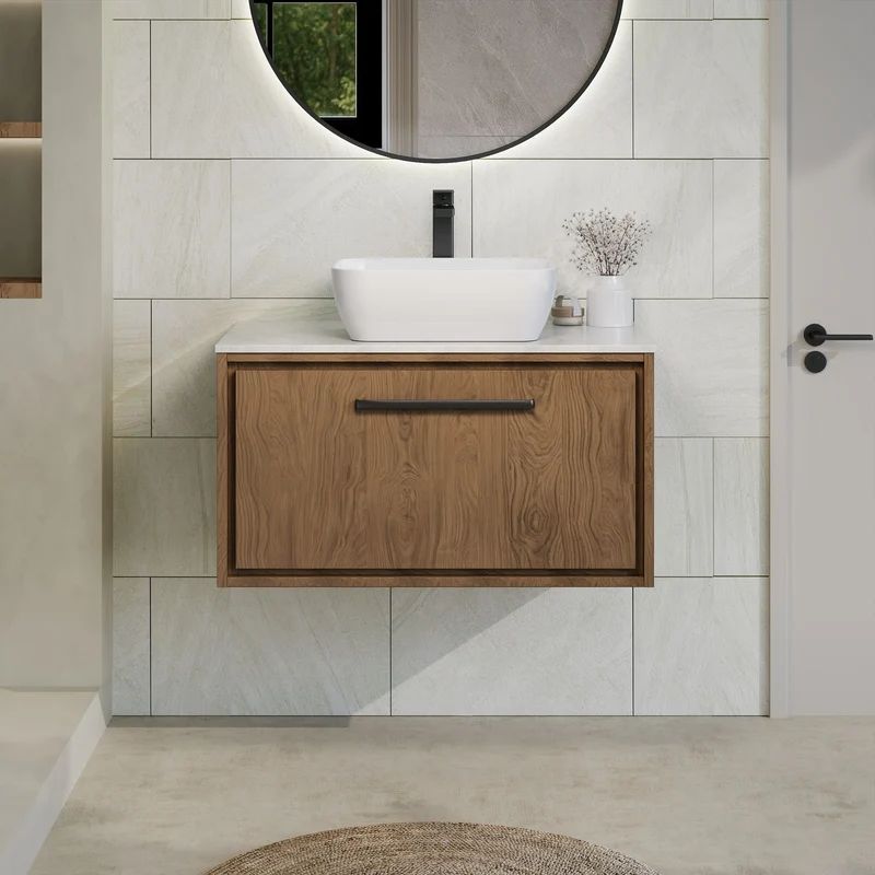 Lille 800mm Wall Hung 1 Drawer Vanity Unit & White Marble Worktop - Antique Oak Woodgrain