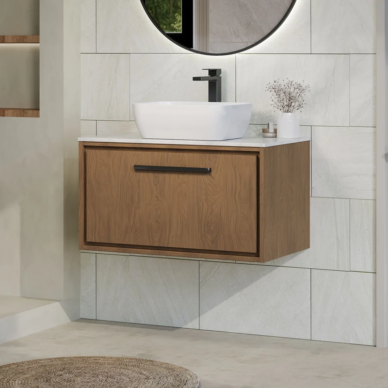 Lille 800mm Wall Hung 1 Drawer Vanity Unit & White Marble Worktop - Antique Oak Woodgrain