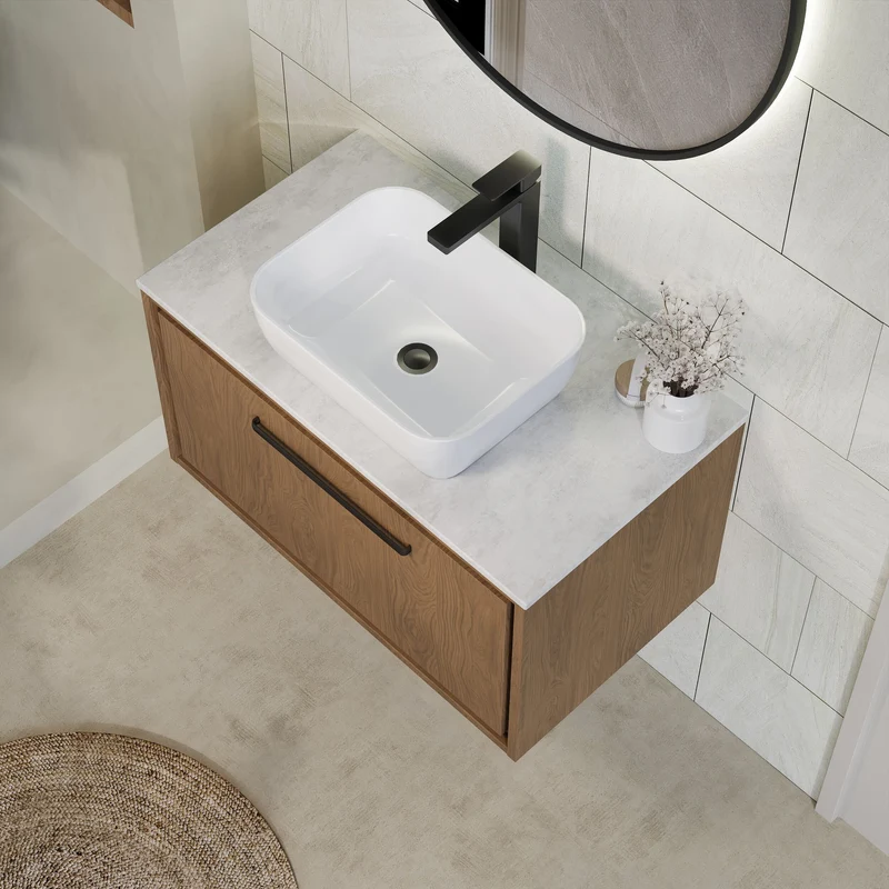 Lille 800mm Wall Hung 1 Drawer Vanity Unit & White Marble Worktop - Antique Oak Woodgrain