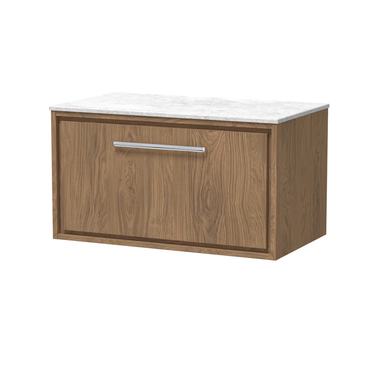 Lille 800mm Wall Hung 1 Drawer Vanity Unit & White Marble Worktop - Antique Oak Woodgrain