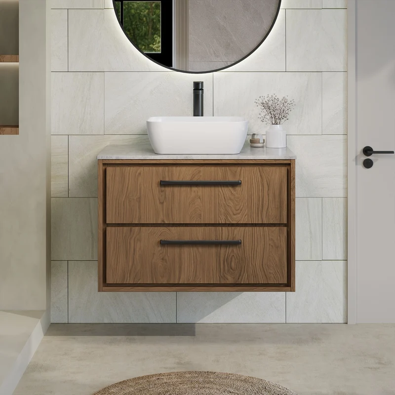 Lille 800mm Wall Hung 2 Drawer Vanity Unit & Grey Marble Worktop - Antique Oak Woodgrain