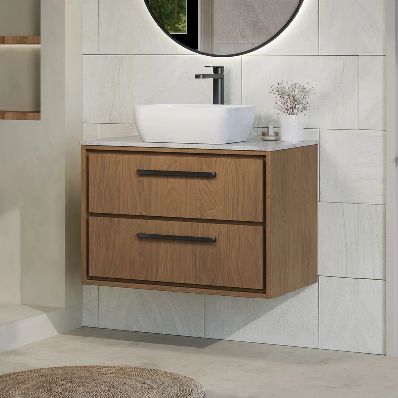Lille 800mm Wall Hung 2 Drawer Vanity Unit & Grey Marble Worktop - Antique Oak Woodgrain