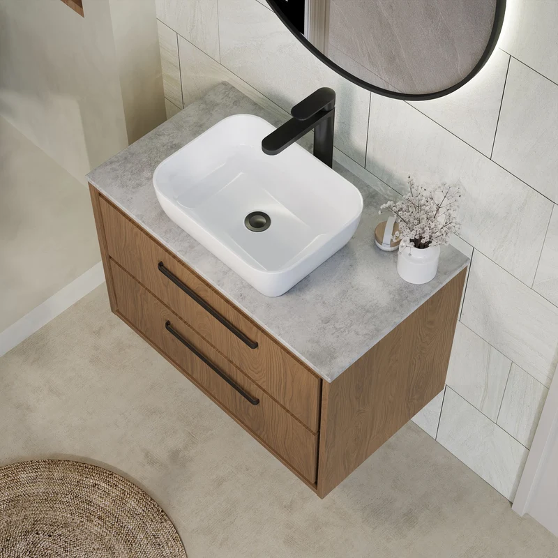 Lille 800mm Wall Hung 2 Drawer Vanity Unit & Grey Marble Worktop - Antique Oak Woodgrain