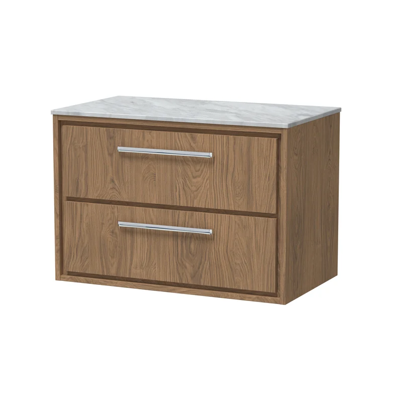Lille 800mm Wall Hung 2 Drawer Vanity Unit & Grey Marble Worktop - Antique Oak Woodgrain