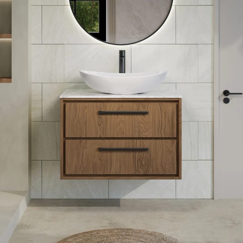 Lille 800mm Wall Hung 2 Drawer Vanity Unit & Carrera Marble Worktop - Antique Oak Woodgrain