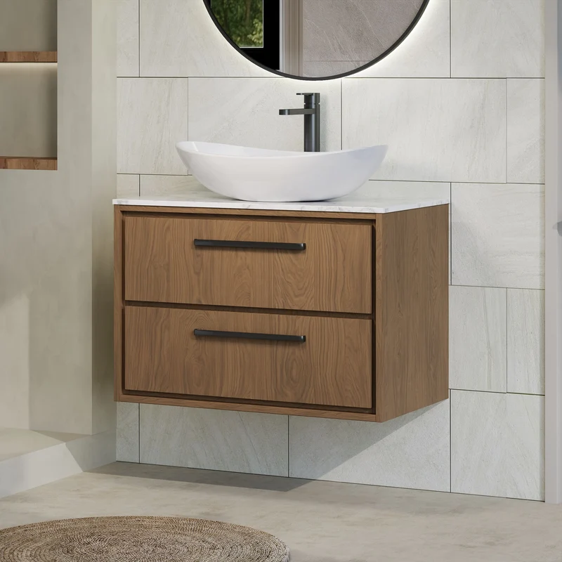 Lille 800mm Wall Hung 2 Drawer Vanity Unit & Carrera Marble Worktop - Antique Oak Woodgrain