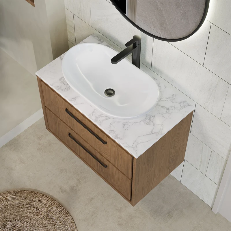 Lille 800mm Wall Hung 2 Drawer Vanity Unit & Carrera Marble Worktop - Antique Oak Woodgrain