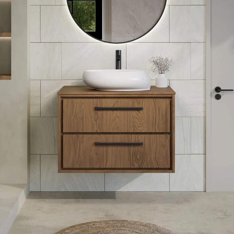Lille 800mm Wall Hung 2 Drawer Vanity Unit & Worktop - Antique Oak Woodgrain