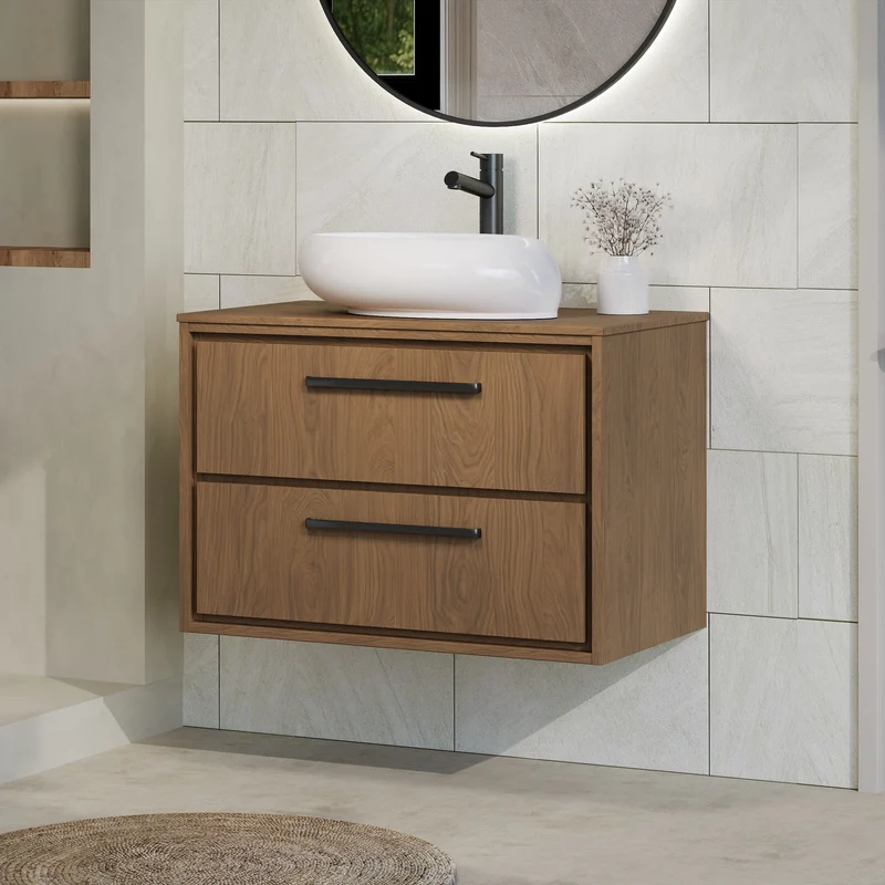 Lille 800mm Wall Hung 2 Drawer Vanity Unit & Worktop - Antique Oak Woodgrain