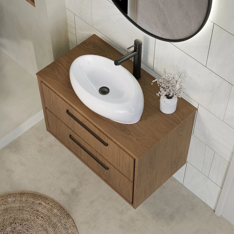 Lille 800mm Wall Hung 2 Drawer Vanity Unit & Worktop - Antique Oak Woodgrain