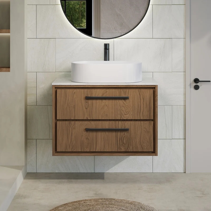 Lille 800mm Wall Hung 2 Drawer Vanity Unit & White Marble Worktop - Antique Oak Woodgrain