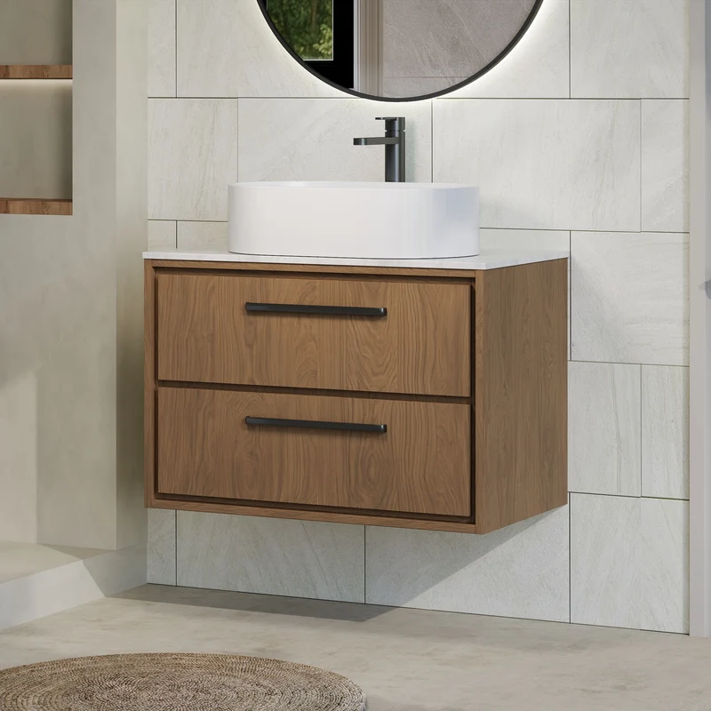 Lille 800mm Wall Hung 2 Drawer Vanity Unit & White Marble Worktop - Antique Oak Woodgrain