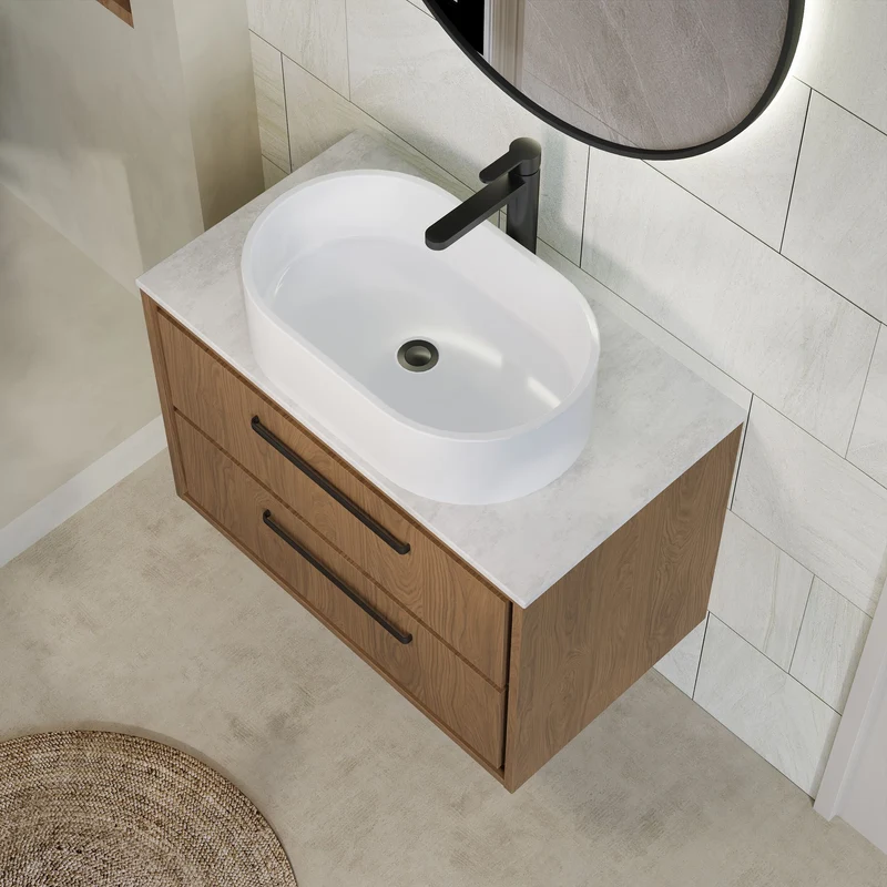 Lille 800mm Wall Hung 2 Drawer Vanity Unit & White Marble Worktop - Antique Oak Woodgrain